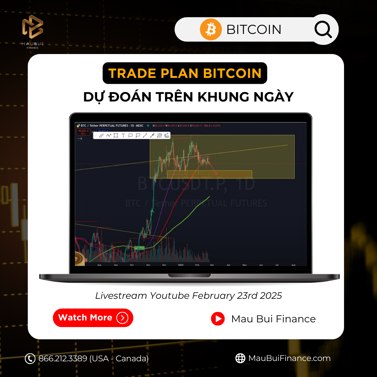 Trade plan Swing (trung hạn) BTC của CEO Mau Bui trong Livestream Youtube Sunday February 23rd, 2025