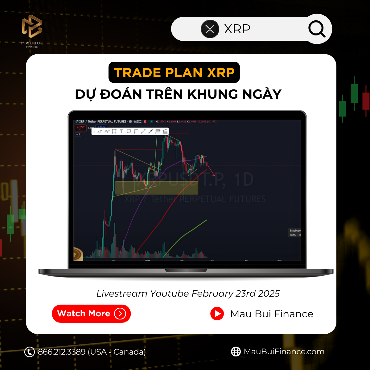 Trade plan Swing (trung hạn) XRP của CEO Mau Bui trong Livestream Youtube Sunday February 23rd, 2025